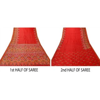Sanskriti Vintage Red Saree Pure Silk Printed Sari Craft Zari Border Fabric 4