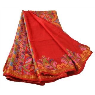 Sanskriti Vintage Red Saree Pure Silk Printed Sari Craft Zari Border Fabric 5
