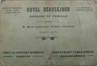 VINTAGE FRENCH ADVERTISING POSTCARD,  HOTEL BEAUSEJOUR,  PARIS,  EDWARDIAN 2