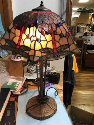 Tiffany Style Shade (dragon Fly) On Art Nouveau Stand - - - - - - - - - - - - - - Rw