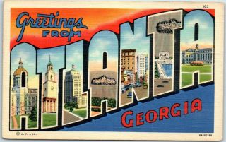 Vintage 1941 Atlanta Georgia Large Letter Postcard Curteich Linen 6a - H2586