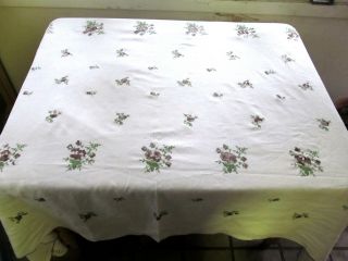 Vintage Tablecloth With Embroidered Purple Flowers - 82 " By 57 "