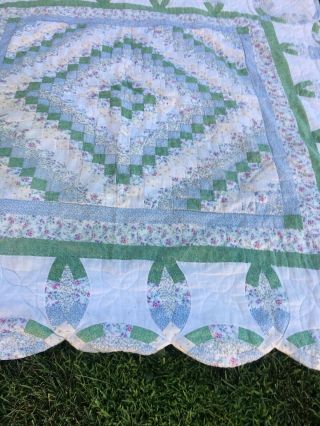 Vintage Handmade Hand Stitch Quilt Scalloped Edges Patch Paisley Green 3