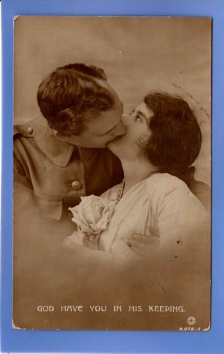 Wwi War Army Soldier Kissing His Sweetheart Rp Photo Vintage Postcard
