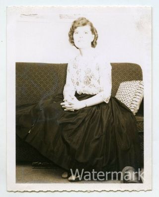 1960s B/w Vintage Polaroid Snapshot Photo Lady Sitting On Sofa