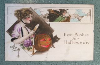 Halloween Gibson Postcard Woman Mirror Jol Black Cat Kathryn Elliott C.  1910