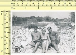 013 Bikini Woman & Two Shirtless Men,  Guys On Beach Old Photo Snapshot