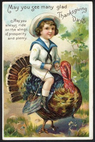 Thanksgiving Boy Riding A Turkey Postcard 1911 Child In Sailor Suit