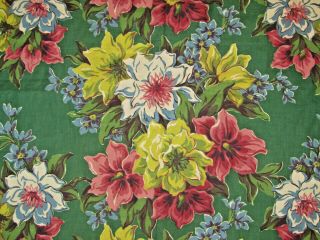 1940s Mcm Vtg Floral Cotton Twill Fabric Green Pink Blue Chartreuse 35 " W X 85 "