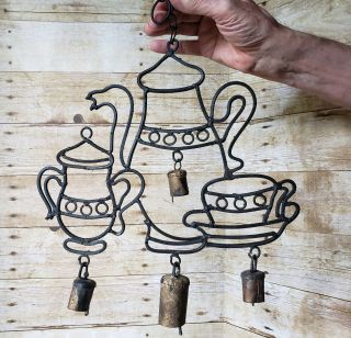 Antique Hand Made Iron Tea Set Sheep Goat Cow Bell Wind Chime Deco Folk Art