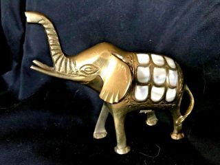 Vintage Handmade Solid Brass Elephant Inlaid Mother Of Pearl Trunk Up Good Luck