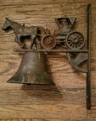 Vintage Wall Mount Cast Iron Dinner Bell With Horse And Buggy Carriage 11 " Long