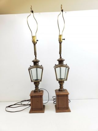 Vintage Brass And Wood Table Lamp Lantern Light Post Set Of 2