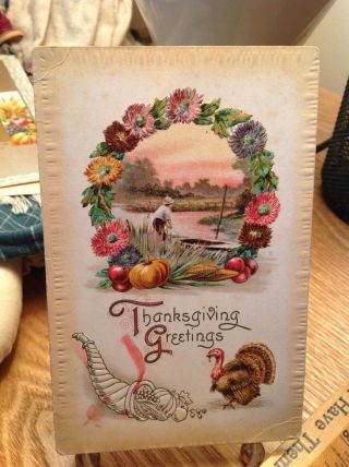 Vintage Thanksgiving Postcard Turkey Under Flower Circle,  Man In Boat