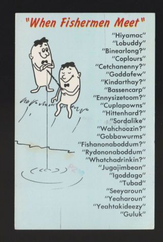 " When Fishermen Meet " A List Of Funny Slang Words Fishing Comic Postcard