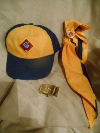 4 Pc Euc Boys Wolf Cub Scout Official Hat Sz L,  Scarf & Slide,  & Belt Buckle