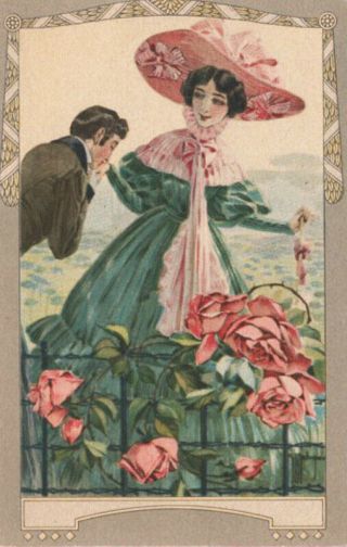 A/s G.  Malugani Elegant Lady W/ Gent Fancy Hat Pink Roses Glamour Postcard