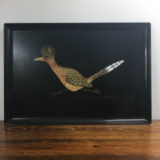 Vintage Couroc Monterey Mid Century Roadrunner Inlaid Black Lacquer Serving Tray
