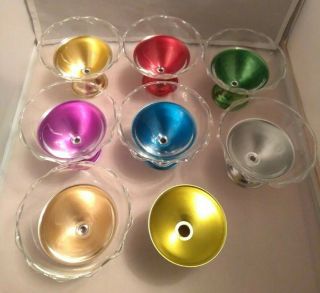 Set Of 8 Vintage Multicolor Aluminum Ice Cream Cups Heller? W/ 7 Glass Inserts