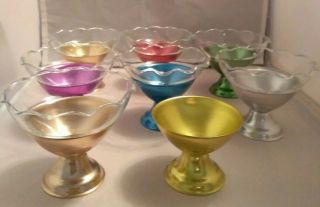 SET OF 8 VINTAGE MULTICOLOR ALUMINUM ICE CREAM CUPS Heller? W/ 7 GLASS INSERTS 2