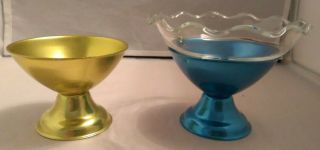 SET OF 8 VINTAGE MULTICOLOR ALUMINUM ICE CREAM CUPS Heller? W/ 7 GLASS INSERTS 5