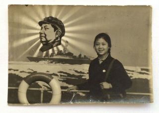 Pretty Girl Braid Chairman Mao Boat Sea China Culture Revolution Studio Photo
