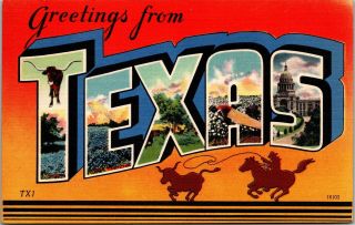 Postcard Tx Large Letter Greetings From Texas Vintage Linen Unposted Cowboy