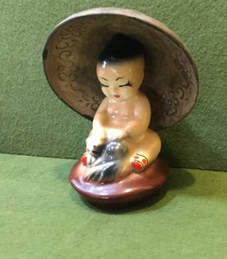 Antique Asian Baby In Hat & Cat Made In Occupied Japan Hand Painted