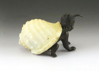 Antique Artisan Cast Bronze Baby Snail Figurine W/ Natural Conch Shell