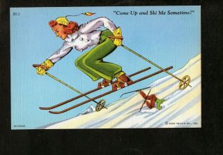 F377 Postcard Curt Teich Linen Woman Skiing Perfectly As Man Falls