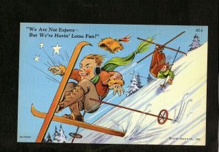 F376 Postcard Curt Teich Linen Man Skiing Falling