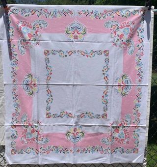 Vintage Cotton Tablecloth 40s50s Pretty Blue Red Yellow & Pink Floral 44 X 48