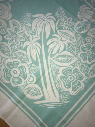 Vtg Cotton Tablecloth Aqua Turquoise Tropical Palm Tree Flower Stripe 48x52