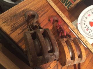 2 Vintage Double Wood & Metal Pulley Block And Tackle