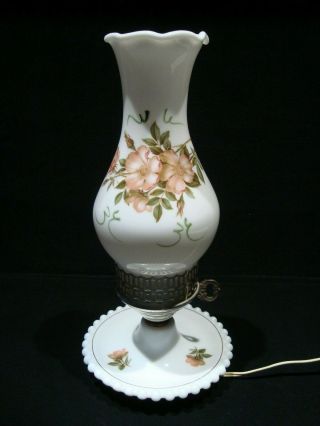 Vintage Milk Glass Hurricane Lamp Hand Painted Pink Roses With Matching Base
