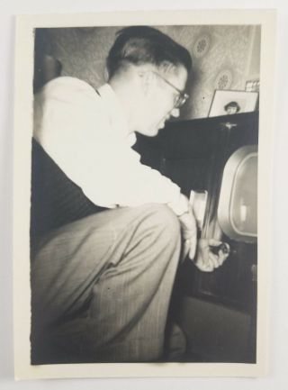 Vintage Photograph Man Turning Knob On Mid Century Television Set