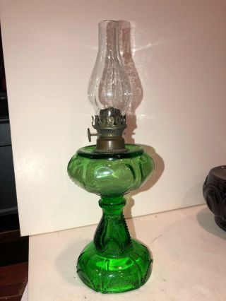 Vintage Eapg Emerald Green Kerosene Lamp With Heart Pattern.  Small Format 5 - 1/2”