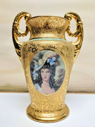 Hand Decorated 24k Gold Leaf Signed Lemieux China Art Nouveau Portrait Vase