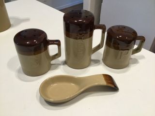 Vintage Brown Beige 3 Color Stoneware Salt,  Pepper & Cheese Shakers & Spoon Rest