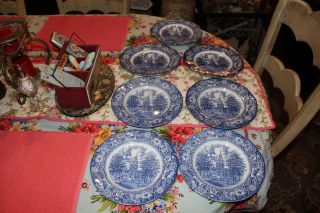 Vintage Staffordshire Ironstone Dinner Plates Liberty Blue Independence Hall 7pc
