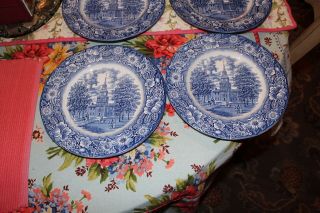Vintage Staffordshire Ironstone Dinner Plates Liberty Blue Independence Hall 7PC 2
