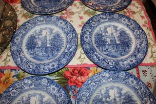 Vintage Staffordshire Ironstone Dinner Plates Liberty Blue Independence Hall 7PC 3