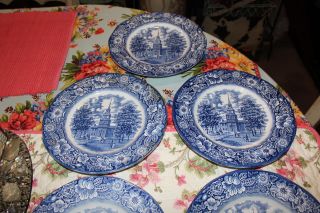 Vintage Staffordshire Ironstone Dinner Plates Liberty Blue Independence Hall 7PC 4