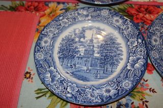 Vintage Staffordshire Ironstone Dinner Plates Liberty Blue Independence Hall 7PC 6