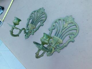 Decorative Antique Pair Art Deco Green Cast Iron Candle Holder Wall Sconce set 2