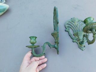 Decorative Antique Pair Art Deco Green Cast Iron Candle Holder Wall Sconce set 3