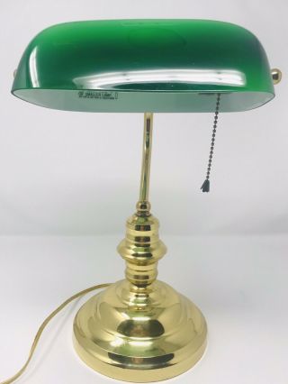 Vintage Lawyers Bankers Desk Lamp Bedside Table Green Shade Curved Brass Base