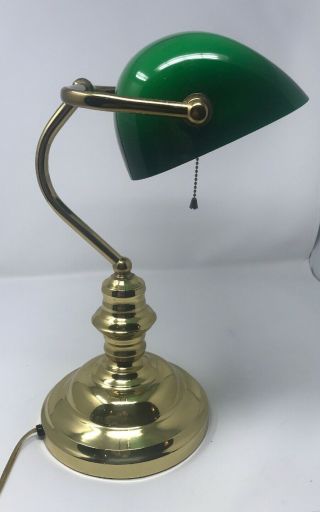 Vintage Lawyers Bankers Desk Lamp Bedside Table Green Shade Curved Brass Base 4