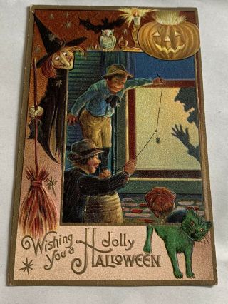 1910 Embossed Halloween Postcard - Boys Playing Prank - Witch - Cat - Bat 4