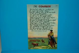 (m386) Vintage Color Postcard,  The Cowboy,  Poem
